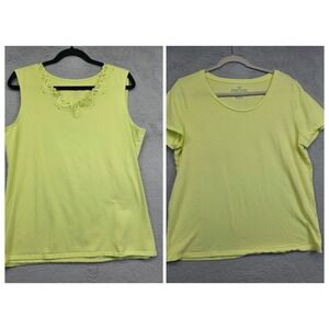 Faded Glory Top Lot of 2 Womens 2XL Yellow Green Floral Knit Tee‎ Lace Trim Tank